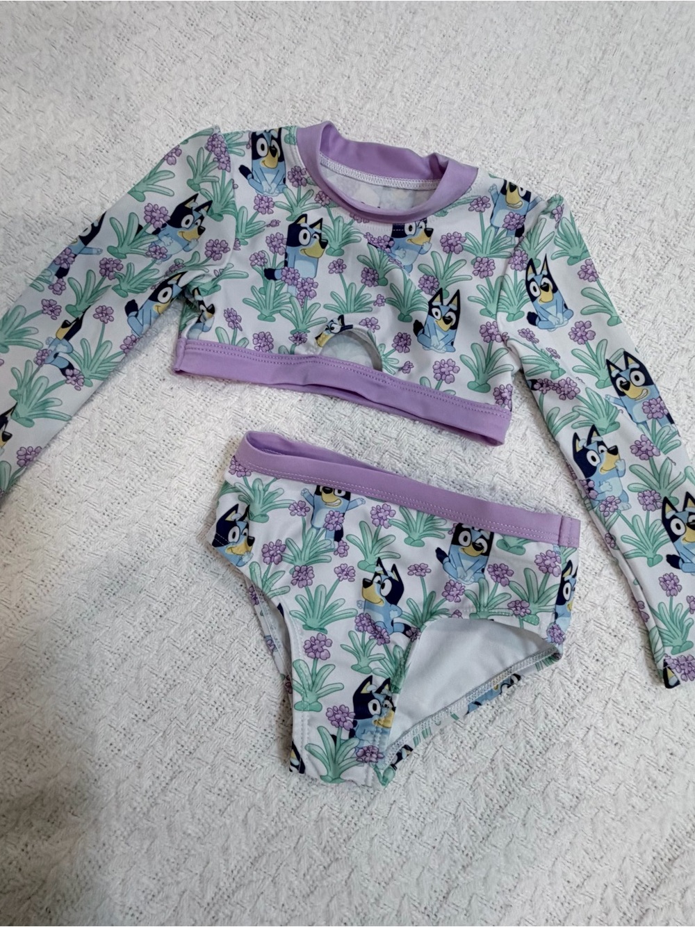 Bluey Girls Long Sleeve Rash Guard Swimsuit Set Floral Lavender 2-Piece